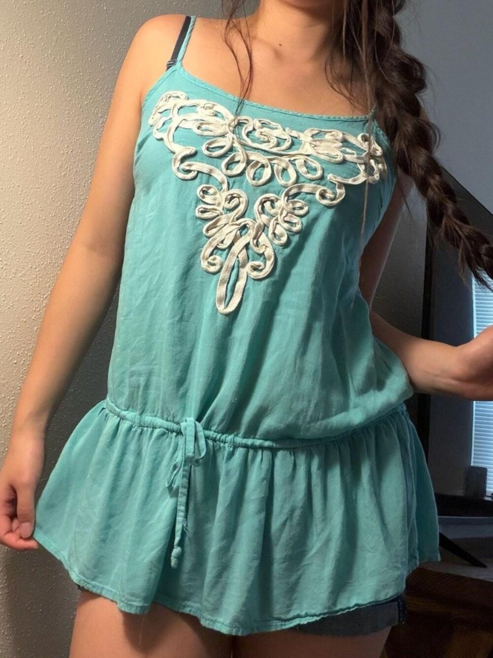 Poetry Clothing Women's Teal Spaghetti Strap Peplum Top with Embroidered Detail